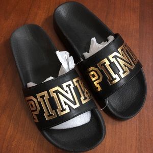 PINK Black and Gold Slide On Flip Flops Size M